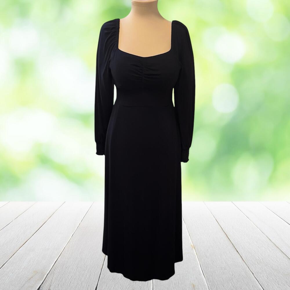 SOMA Jersey Midi Dress Square Neck Smocked Back Built In Bra Pockets Black Sz M